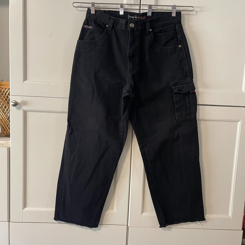 Vintage FUBU Black Denim Cargo Pants Baggy Carpenter Jeans 36x24 Cropped 90s Y2K